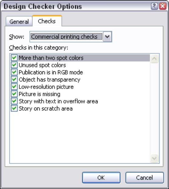 Figure 12-3: The Design Checker Options dialog box with commercial printing checks.